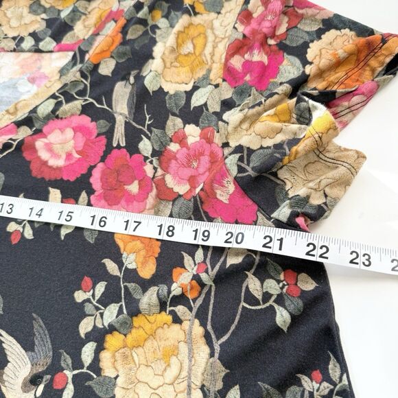 Johnny Was XL Graceful Drape Short Sleeves Floral Bird Black Tunic Top Shirt - Picture 11 of 12